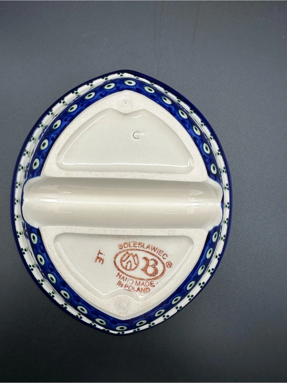 Boleslawiec Polish Pottery Divided Dish–Peacock Pattern, Handmade in Poland, EUC